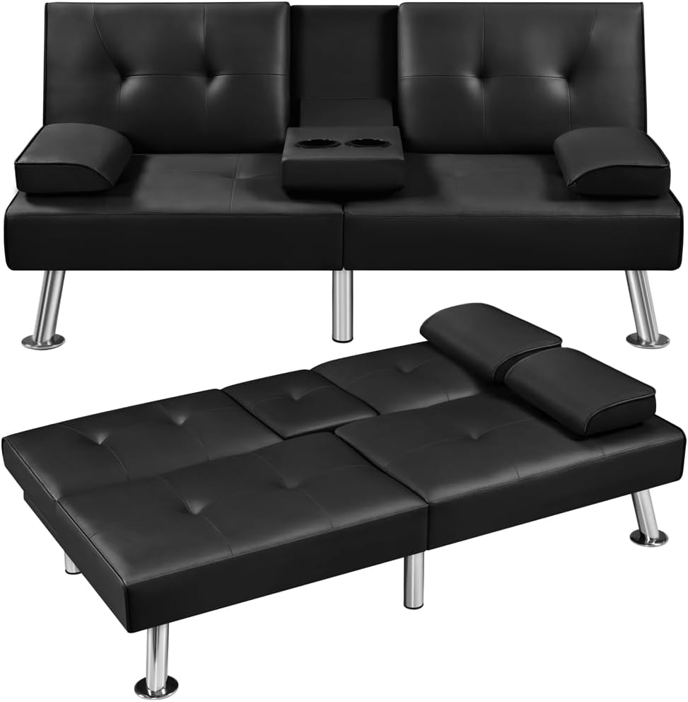 Yaheetech Convertible Futon Sofa Bed Loveseat with Cup Holder, Black