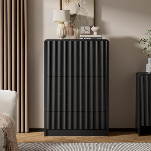 Furniway Black 5 Drawer Dresser for Bedroom, Curved Tall Dresser with Push-to...