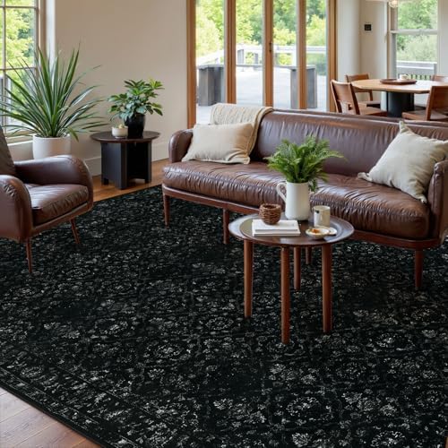 Hedlive Vintage Black Rug for Living Room 9x12, Ultra-Thin Washable Large Are...