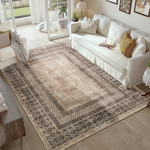 NICETOWN 8x10 Ultra-Thin Brown Oriental Rug for Bedroom, Tumble Washable Area...