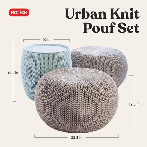Keter Urban Knit Pouf Ottoman Set of 2 with Storage Table for Patio and Room ...