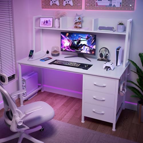 DLisiting White Computer Desk with Hutch & Drawers - 47 Inch Modern Study...