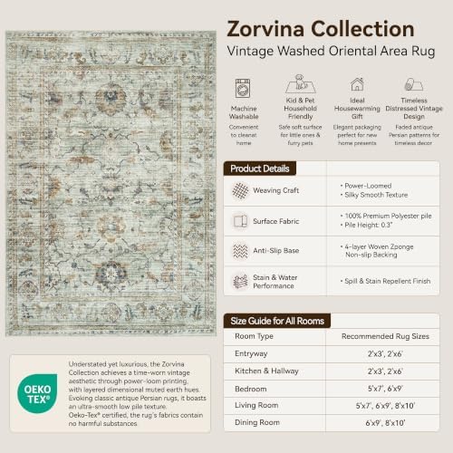 Washable Area Rug 8x10, Sage Green Gold Gray Vintage Rug for Living Room