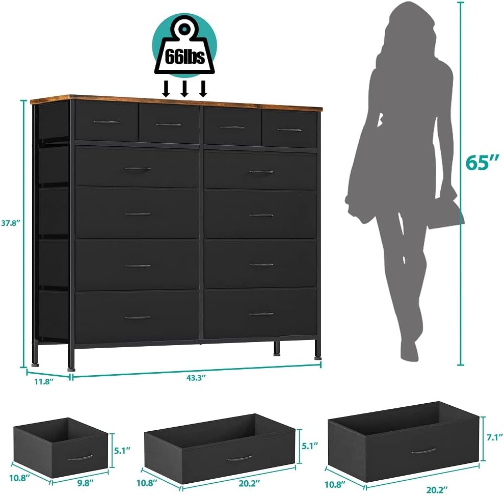 VASICAR Large Dresser for Bedroom with 12 Drawers, Tall Fabric Dressers