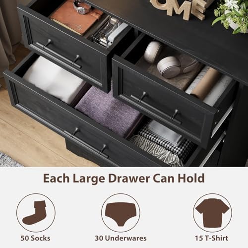 YANSNWO Black 6 Drawer Dresser for Bedroom, 44" Tall Chest of Drawers