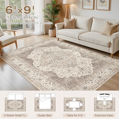 Vintage 6x9 Washable Area Rugs for Living Room, Non Slip, Brown