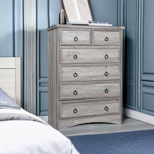 VVFLU 48'' Tall Grey Dresser with 6 Drawers Chest of Drawers for Bedr...