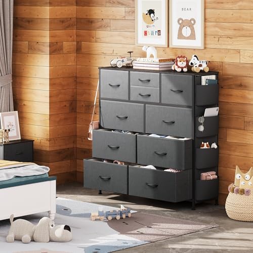 WLIVE 10 Drawer Fabric Dresser for Bedroom, Side Pocket Chest, Dark Grey