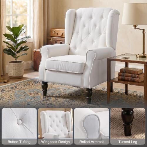 HOMCOM Comfy Accent Chair for Living Room, Wingback Armchair, Cream White