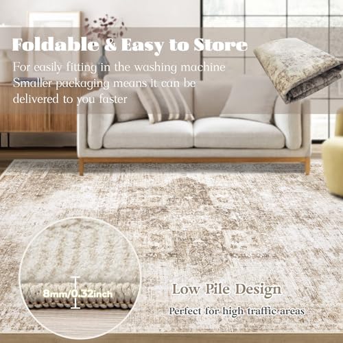 Area Rug 8x10 Washable Rug, Vintage Boho Medallion Rugs Non-Slip Soft Low Pil...