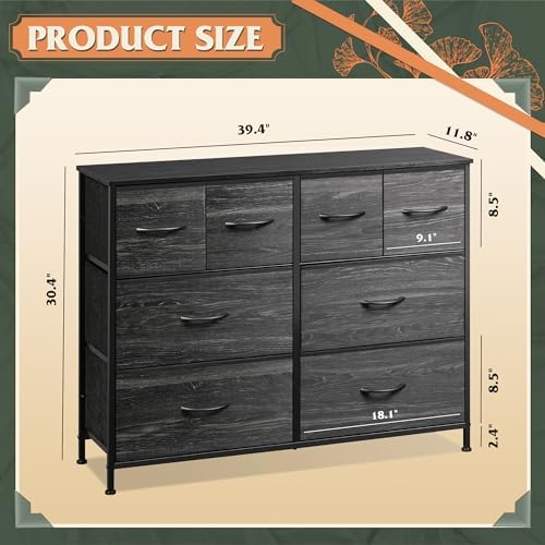 WLIVE Wide Dresser for Bedroom, 8 Drawer Chest of Drawers, Black Wood Grain