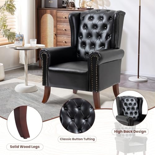 Faux Leather Accent Chair, Mid-Century High Back Armchair Upholstered Club So...