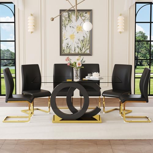 Glass Dining Table Set for 6,Modern Black Gold Dining Table Set,63" | Te...