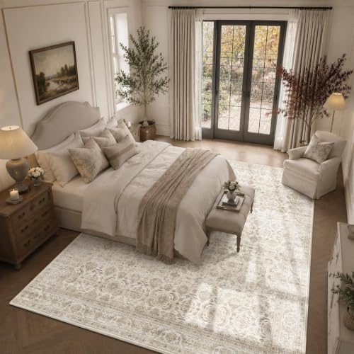 JOOJA 8x10 Beige Vintage Soft Low Pile Boho Neutral Washable Area Rug