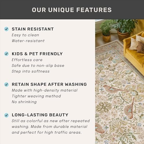 Washable Living Room Rug 8x10 - Country Style Beige Floral Area Rugs for Bedr...