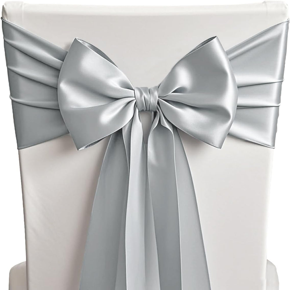 Wedding Satin Silver Chair Sashes Bows 50 Pack Fitted Chair Ribbons 7x108 Inc...