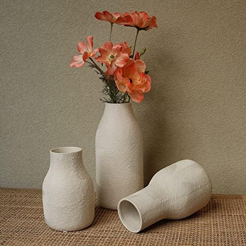 Ceramic Vases for Home Decor - Matte White Textured Vase Set of 3, Decorative...