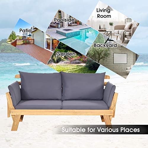 Tangkula Convertible Acacia Wood Patio Sofa Bed with Adjustable Armrest