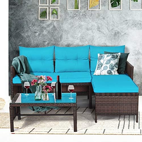 Tangkula Patio Corner Sofa Set 3 Piece, Outdoor Rattan Sofa Set, Includes Lou...