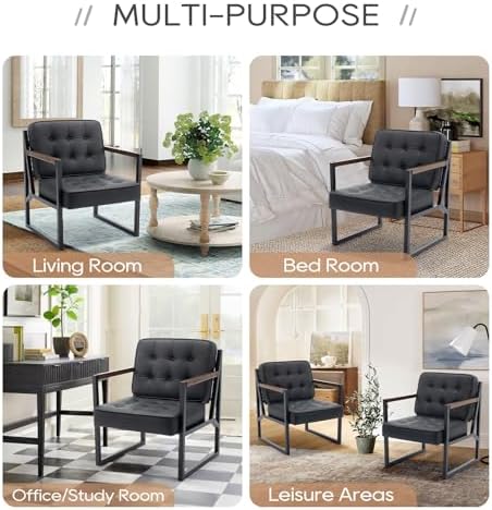 COLAMY Black Leather Accent Chair, Accent Arm Chair for Living Room, Comfy Ar...