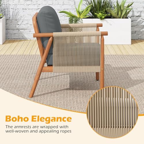 Tangkula Acacia Wood Patio Club Chair Set of 2, Boho Accent Chair with Woven ...