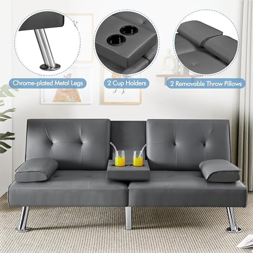 Yaheetech Convertible Futon Sofa Bed Loveseat with Cup Holder, Gray