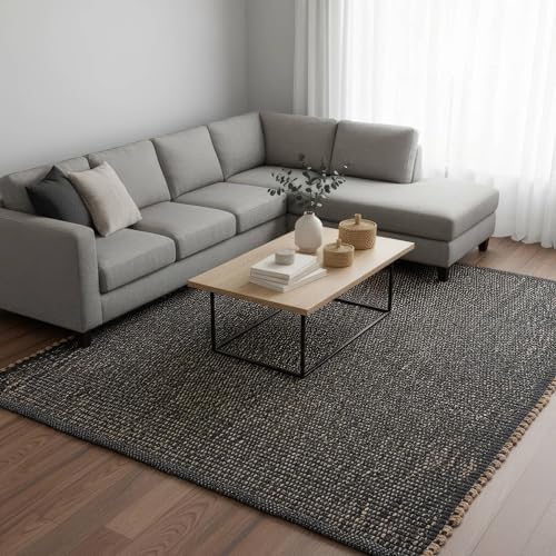 Dark Gray 6x9 Cotton Jute Rugs Braided Mid-Century Modern Living Room Rug