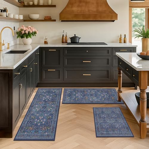 JTJ Kitchen Rugs Set of 3, Blue Vintage Kitchen Mats, Washable Runner