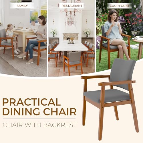 Mid Century Modern Walnut Dining Chairs Wood Arm Grey Fabric Kitchen Cafe Liv...
