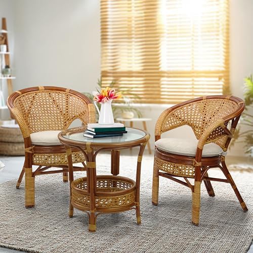 Pelangi Handmade Rattan Dining Wicker Chair Colonial Color w/Cream Cushion