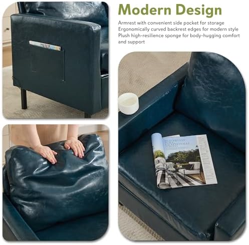 STHOUYN Blue Faux Leather Accent Chairs, Living Room Chairs Metal Legs