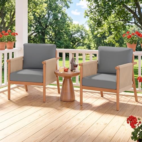 Tangkula Acacia Wood Patio Club Chair Set of 2, Boho Accent Chair with Woven ...
