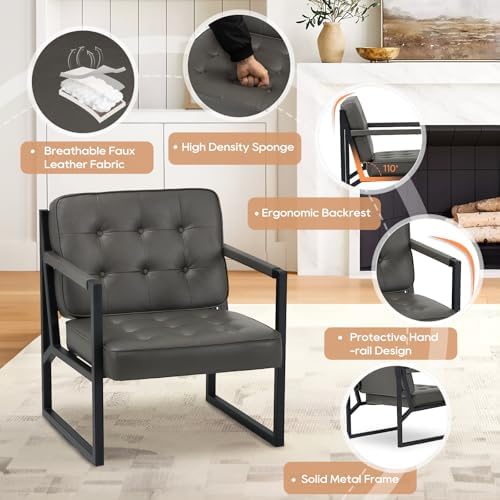 COLAMY Mid Century Modern Accent Chair Set of 2, Leather Armchair, Grey