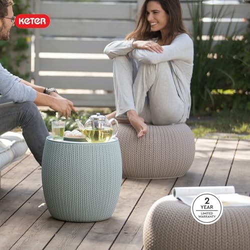 Keter Urban Knit Pouf Ottoman Set of 2 with Storage Table for Patio and Room ...