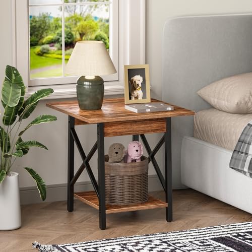GreenForest 24 Inch Square End Table, X-Frame with Large 2-Tier Storage
