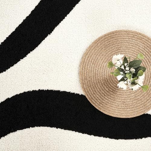 Abani Black and Cream Area Rug | White Abstract Swirl Wave Carpet | 8' x ...