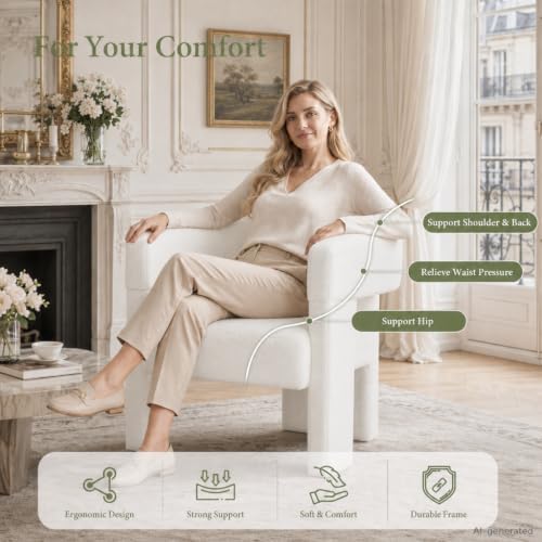 White Modern Accent Chair, Upholstered Barrel Armchair with Solid Wood Legs
