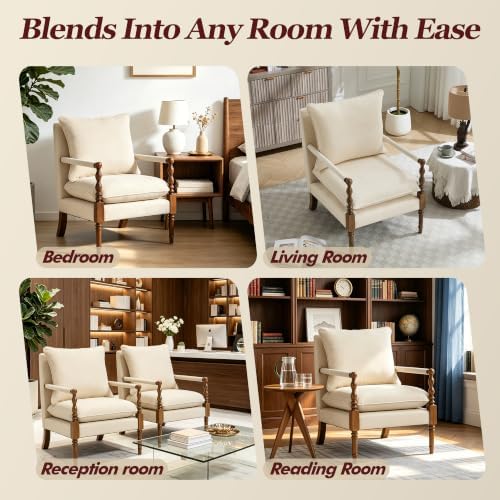 Accent Chair for Living Room, Farmhouse Linen Fabric Spindle Accent Chair wit...
