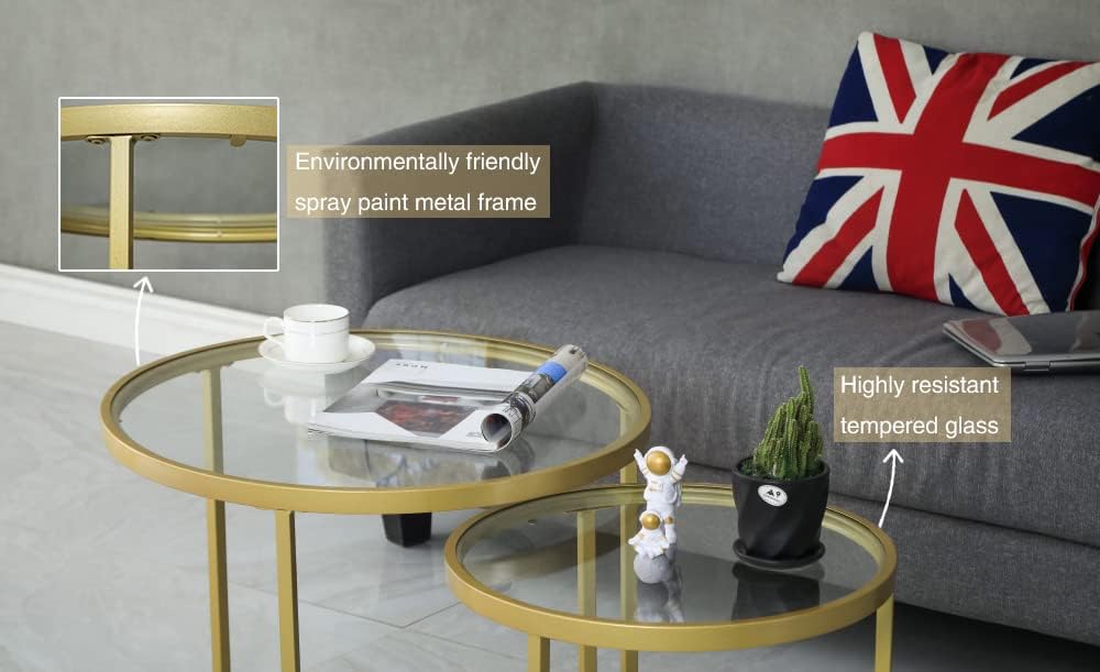 Round Nesting Coffee Table Gold Set of 2 for Living Room, Modern Side Tables ...