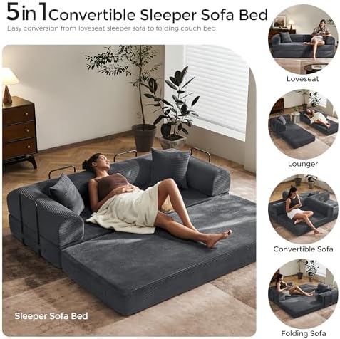 79" Convertible Futon Sofa Bed, Boneless Couch for Living Room | Dark Gray