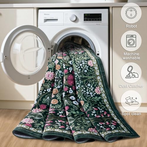 PLHXFR 8x10 Area Rug Living Room: Floral Washable Boho Carpet Dark Green