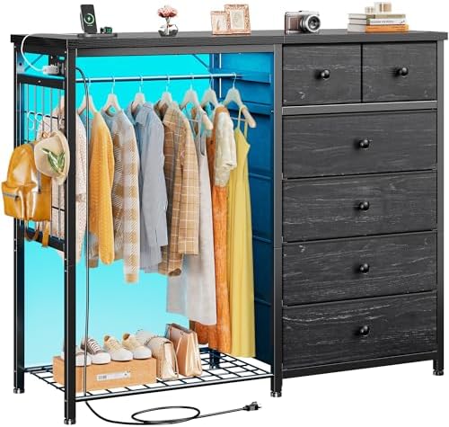 EnHomee 49.2" W Dresser with Hanging Rack & 6 Drawers, Grid Panel &a...