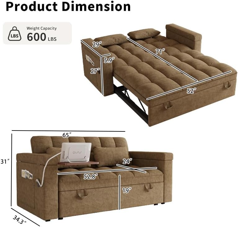 65" 3-in-1 Convertible Sofa Bed, Folding Chenille Loveseat Sleeper