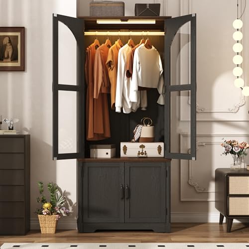 Tall Farmhouse 2 Doors Armoire Wardrobe Closet with LED ,72" Freestandin...