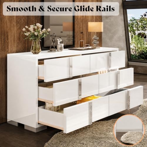 AMERLIFE 6 Drawer Dresser, Modern Storage Chest, High Gloss Finish, White