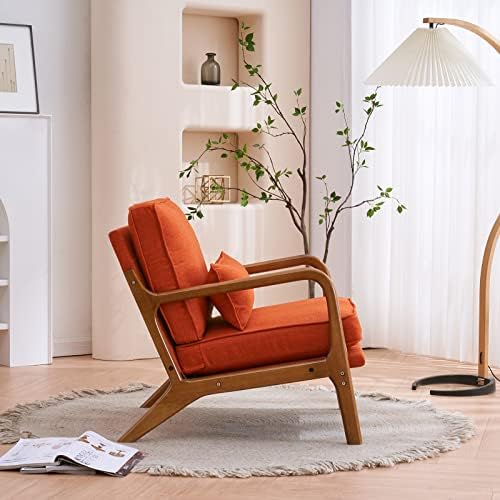 VINGLI Linen Burnt Orange Comfy Accent Chair, Mid Century Modern Lounge Armch...