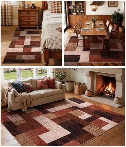 YIHOUSE Modern Geometric Patchwork Rugs for Living Room, Brown Washable 6x9 A...