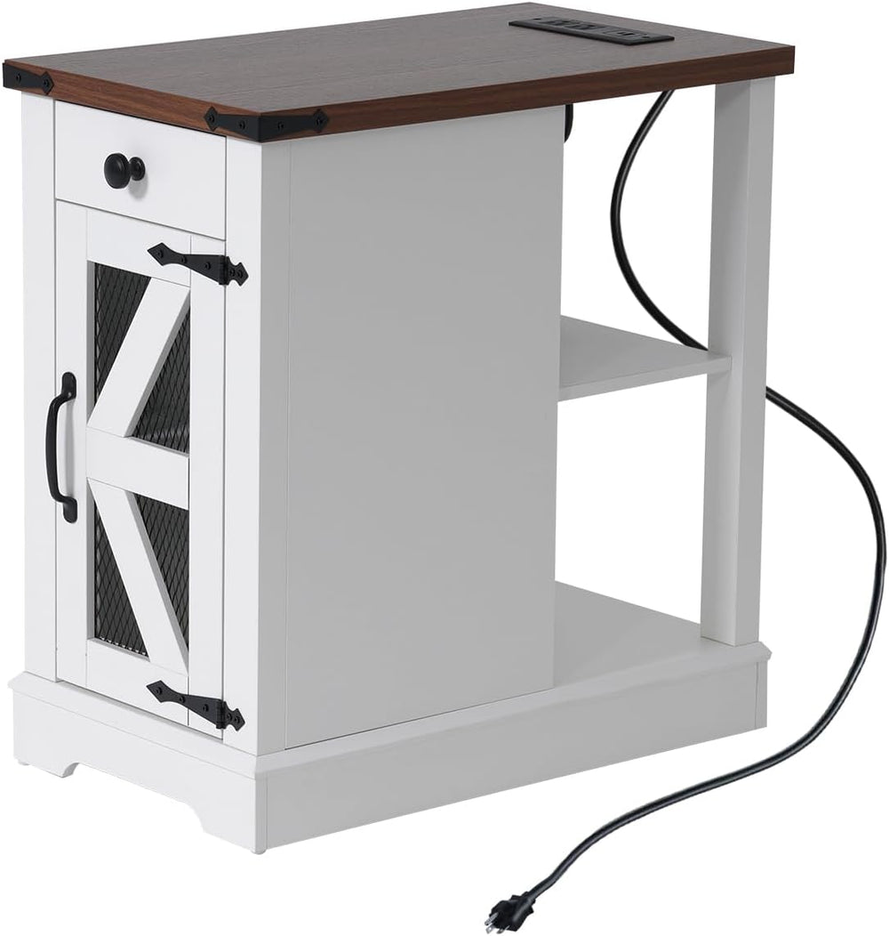 SUNSITT Side Table with Charging Station, Farmhouse End Tables with Back Stor...