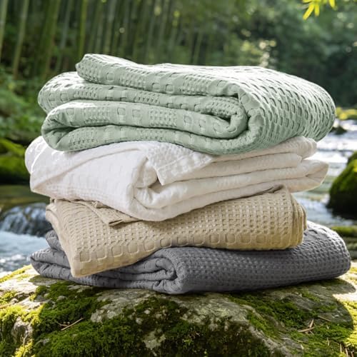 BEDELITE Linen Beige Cooling Waffle Blanket Queen Size for Bed, 90x90 Inch
