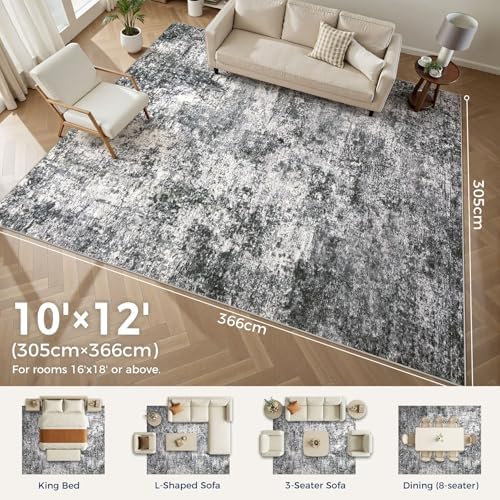 DMOYEST Area Rug Living Room Rugs 10x12 Washable Abstract Grey Carpet